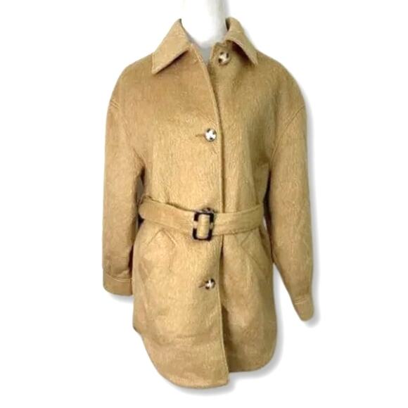 Topshop Shirt Jacket Belted Collared Long Sleeves Wool Blend Camel Tan W 4 NWT - Picture 2 of 10